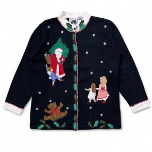 Vintage Storybook Christmas Knit Cardigan Sweater Santa Teddy Bear Grandma‎ M